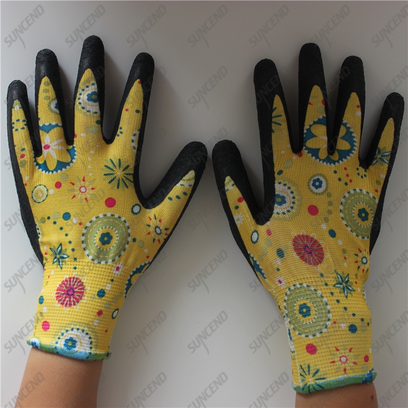 Garden household work 13G flower nylon black crinkle latex women gloves