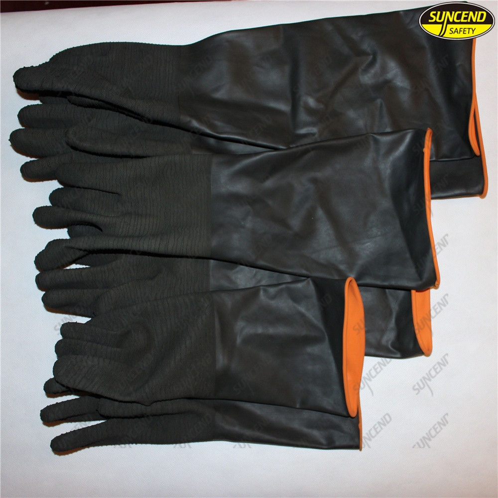 Black latex rubber chemical resistant industrial gloves with orange liner
