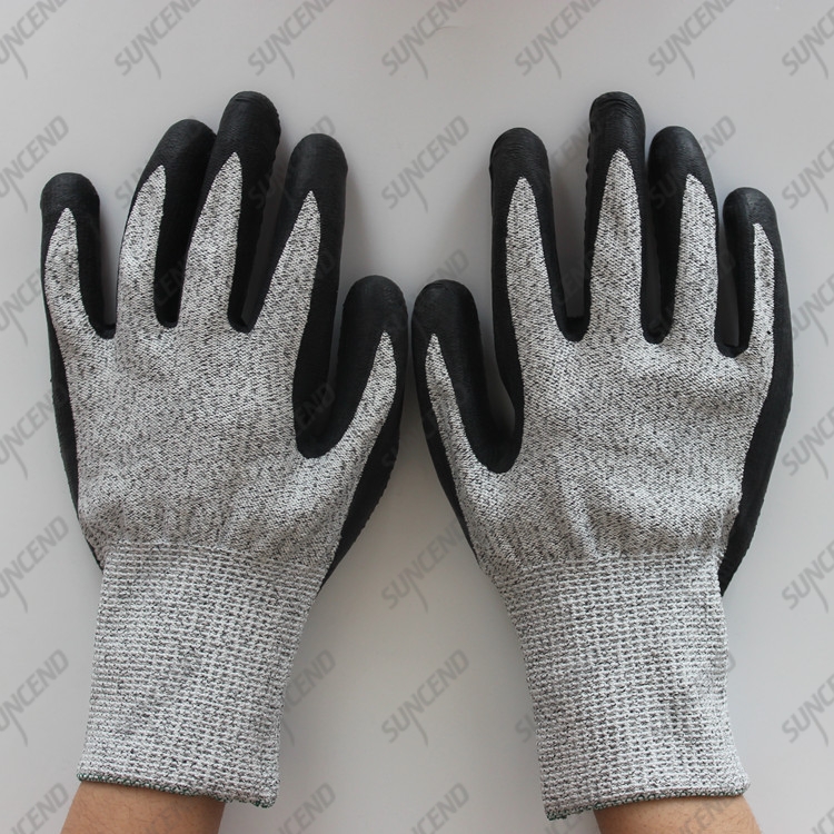 13G HPPE liner cut resistant glove with latex palm coated embossed finish