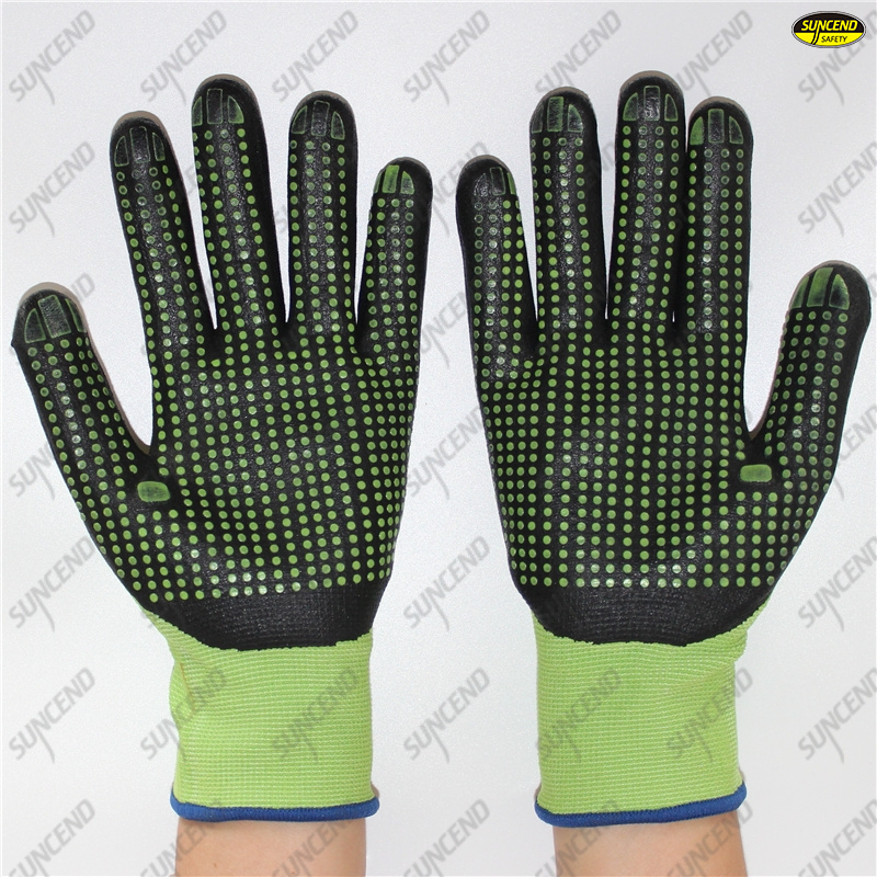 15 gauge spandex + nylon liner micro foam nitrile PVC dotted gloves