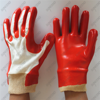 Special coating double smooth red PVC gloves with knit wrist