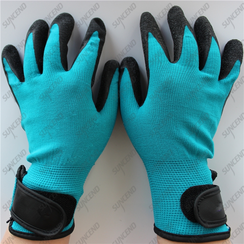13g polyester black crinkle latex construction gloves with wrist strap
