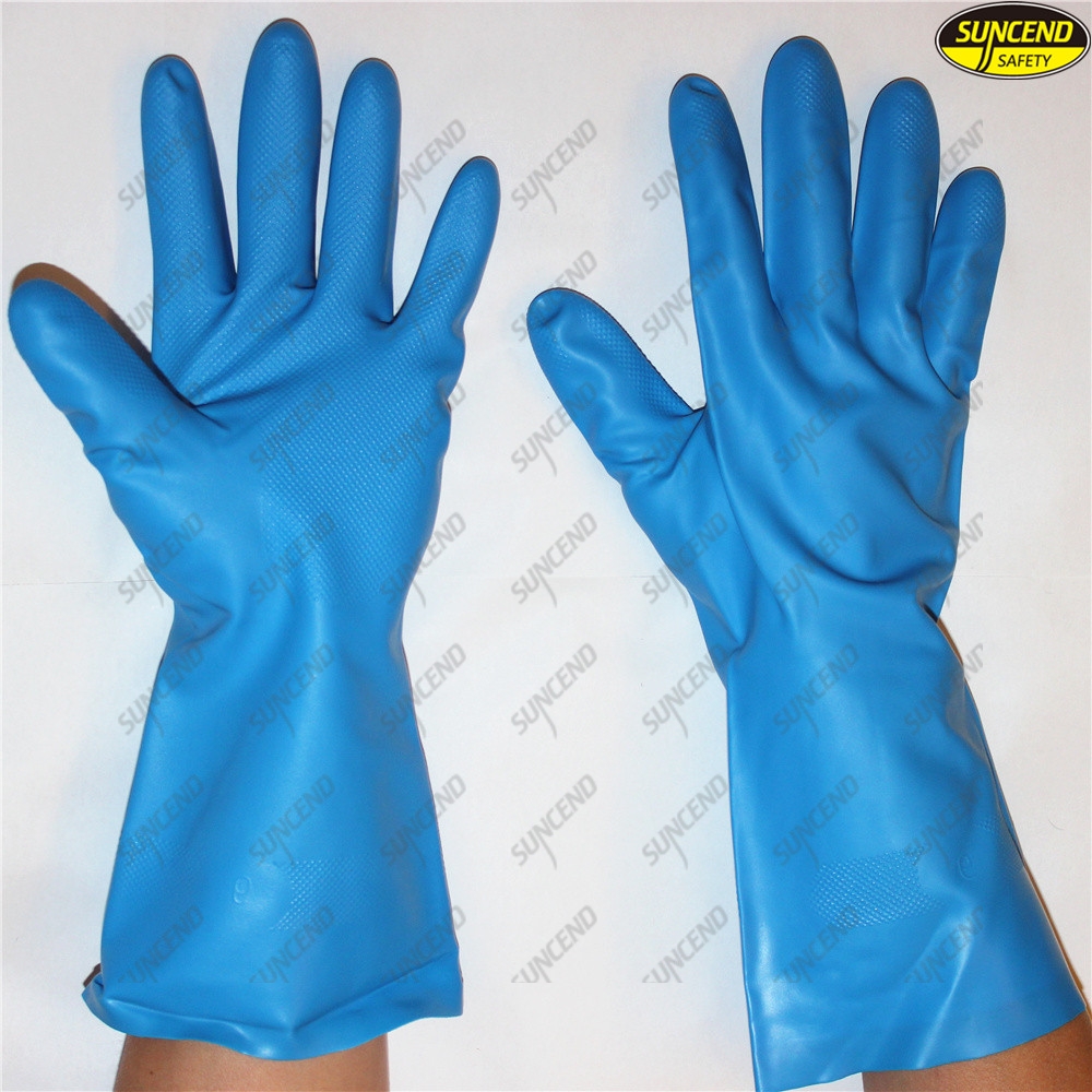 Waterproof chemical resistant flock lined nitrile gloves