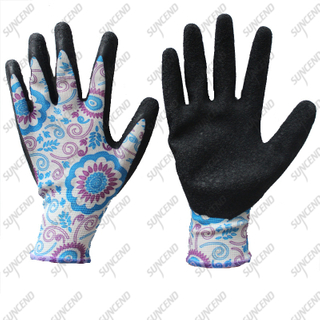 13G floral colored polyester palm coated crinkle latex gloves