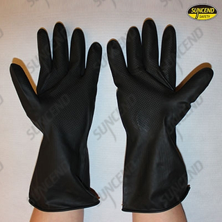 Black latex rubber industrial gloves with orange liner