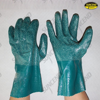 Green latex fully dipped long cuff anti-slip work gloves
