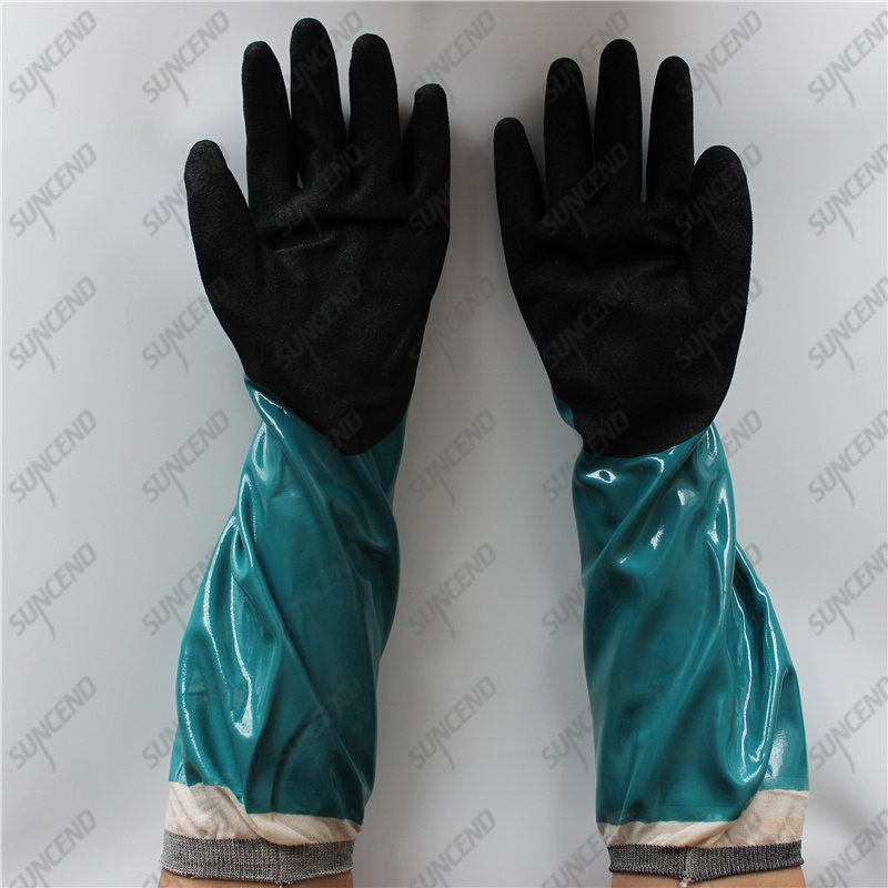 Nylon liner safety long cuff smooth sandy blue black nitrile coated gloves 