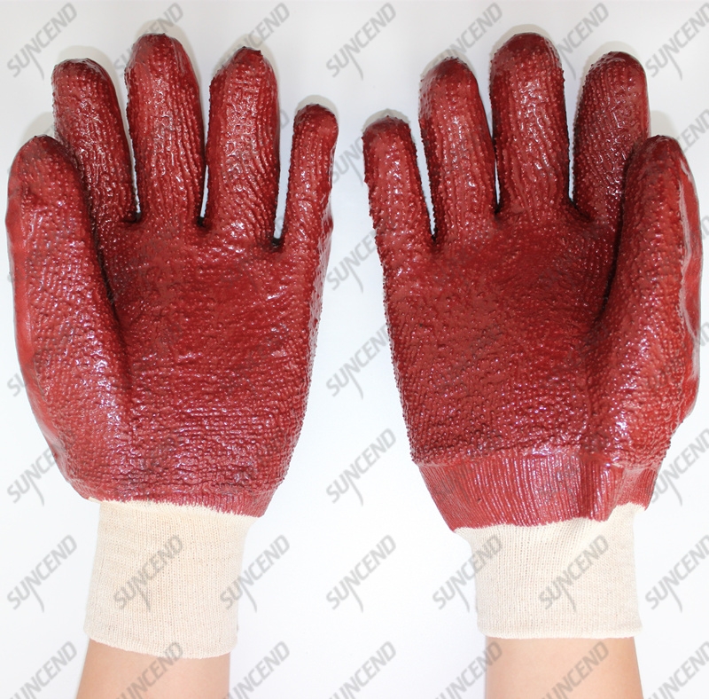 Knitted wrist jersey cotton liner full coating rough coffee PVC gloves