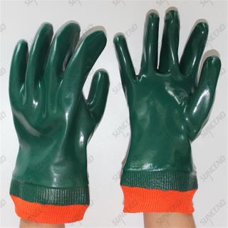 Knit wrist interlock cotton liner full double coat smooth green PVC gloves