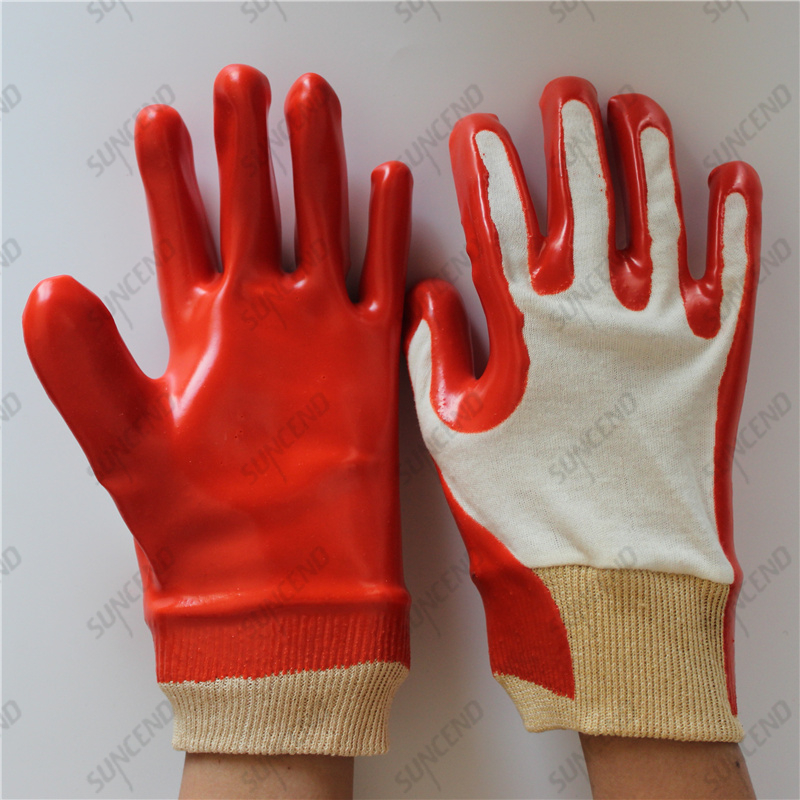 Special coating double smooth red PVC gloves with knit wrist