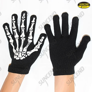 Black knitted gloves with skeleton printed on back for fun