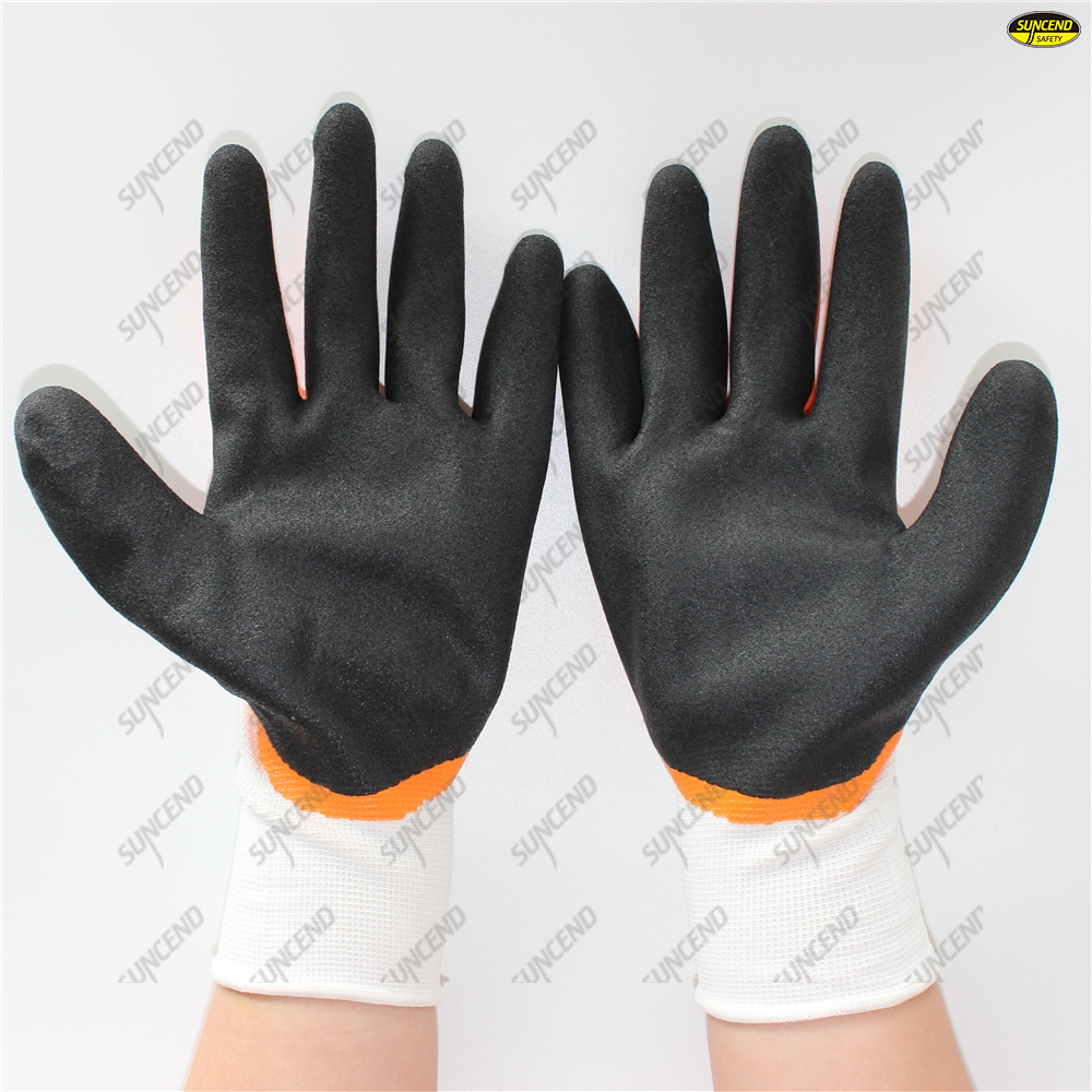 13G polyester hand protective two color double coated sandy nitrile waterproof w