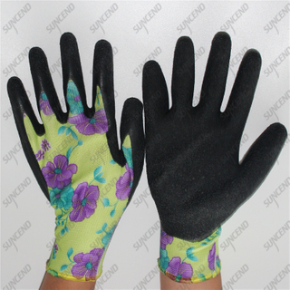 Flower color polyester shell half coated black crinkle latex garden work gloves