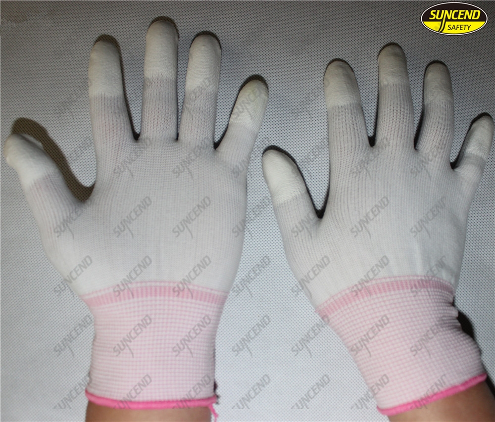 Polyester liner PU fingertips coated industrial working gloves