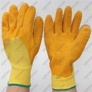 13g polyester 3/4 coated gristle yellow crinkle latex dipped gloves