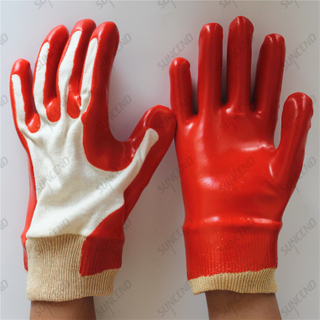 Special coating double smooth red PVC gloves with knit wrist