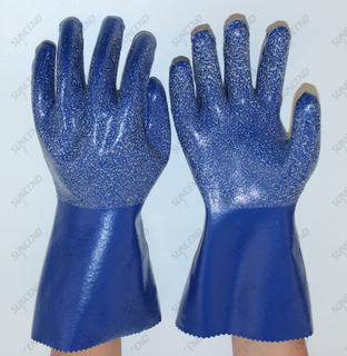 Blue Nitrile Fully Dipped Rough Finish Anti Slip Anti Chemical Safety Gloves with 100% Cotton Liner
