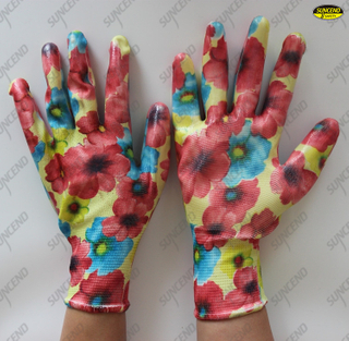 13 gauge polyester nitrile coated garden working gloves