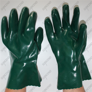 Chemical resistant green smooth PVC fishery gloves with interlock cotton liner