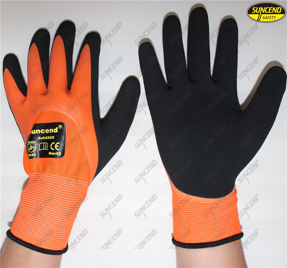 Double nitrile dipped sandy finished soft work gloves