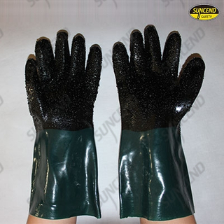Black plam green cuff pvc dipped gloves with rough finish 