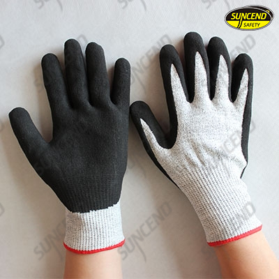 HPPE liner black sandy nitrile coated anti-cut work gloves 