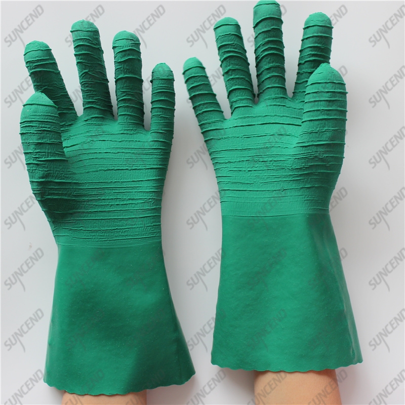 100% cotton liner corrugated gristle big crinkle green latex gloves
