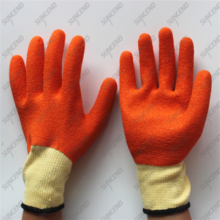10G 5 yarn polycotton full coated orange crinkle latex gloves