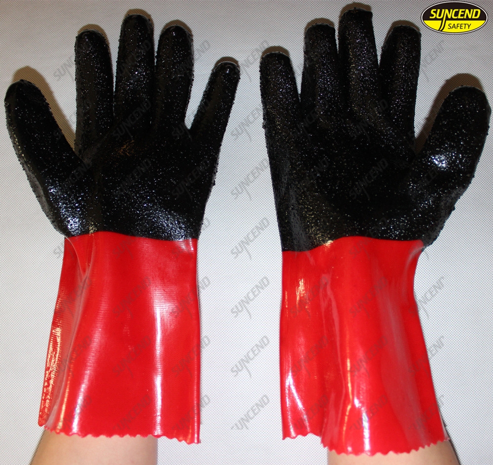 Long sleeve PVC double dipped hand protective work gloves with granule