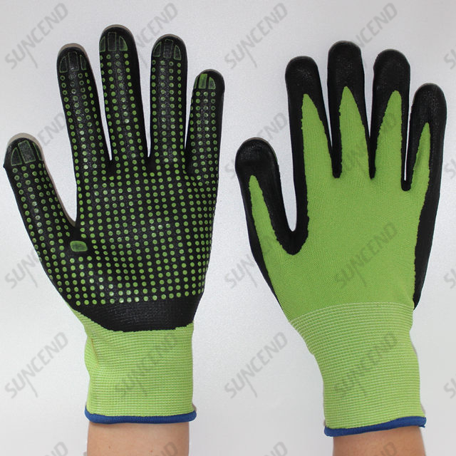 15G Nylon+spandex Liner Foam Nitrile Coated Dotted Work Gloves