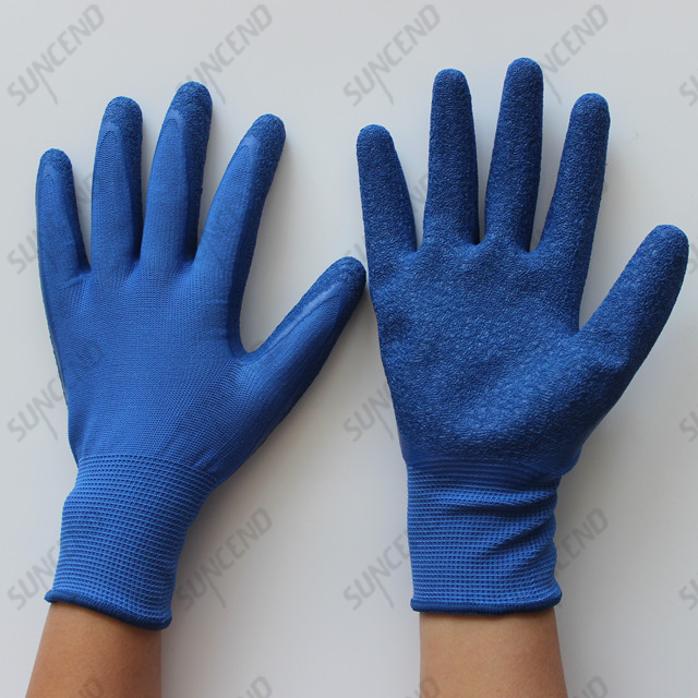 Seamless 13 gauge blue polyester shell crinkle latex palm coated gloves