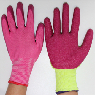13 Gauge pink polyester palm coated crinkle pink latex gloves