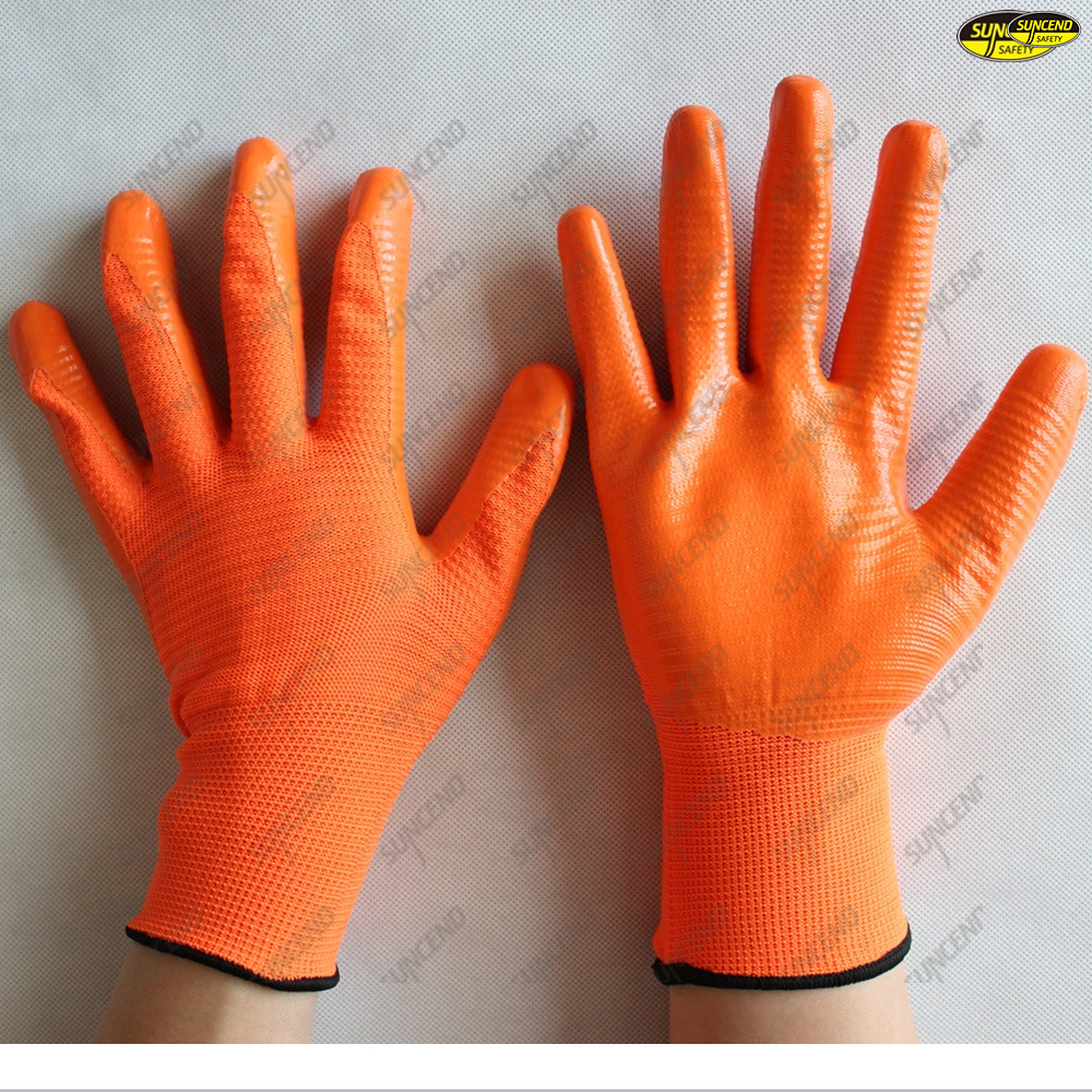 Orange nitrile smooth finish polyester liner gloves