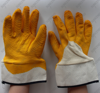 Safety cuff 3/4 big wrinkle coated yellow crinkle latex working gloves