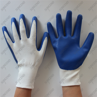 Seamless 13G nylon shell palm coated smooth blue latex work gloves
