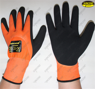 Double nitrile coated sandy finish orange polyester liner safety work gloves
