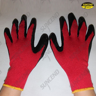 Red polycotton liner black crinkle latex coated work gloves
