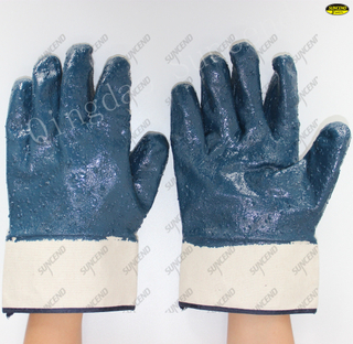 Safety cuff full coated rough blue nitrile oil resistant construction gloves