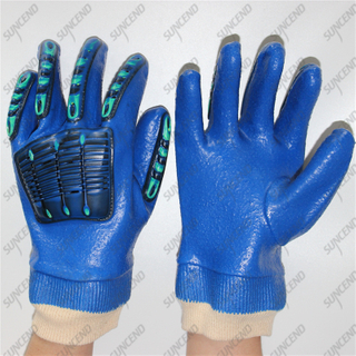 Knitted wrist full coated blue smooth PVC TPR mining impact gloves