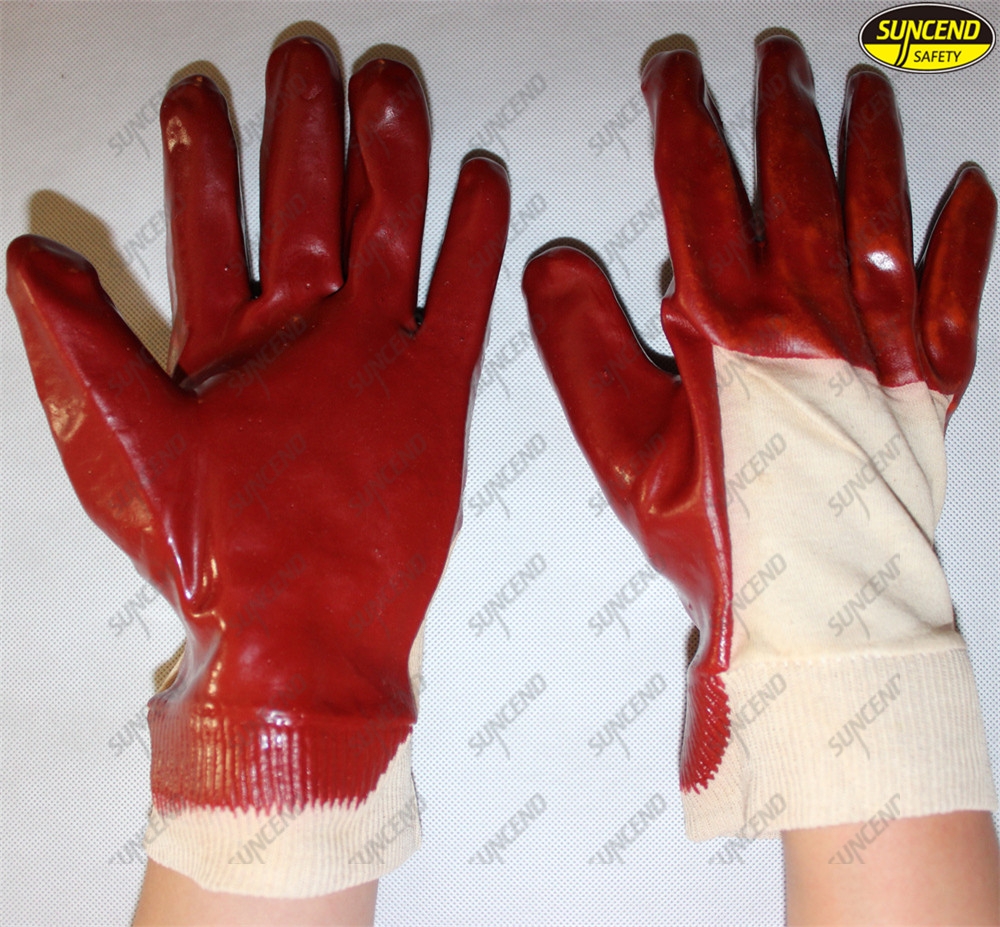 Factory price long red pvc coated safety gloves