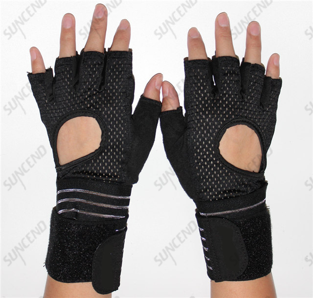 Sports Ventilated Workout Gloves with Integrated Wrist Wraps and Full Palm Silicone Padding