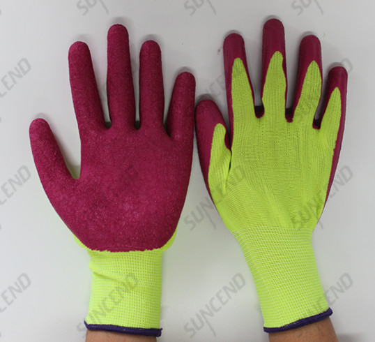 13 G fluorescent yellow polyester palm coated crinkle pink latex gloves