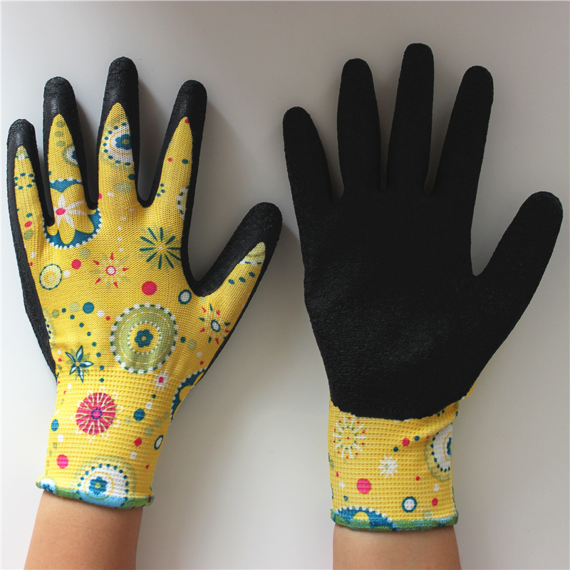 Garden household work 13G flower nylon crinkle latex women gloves