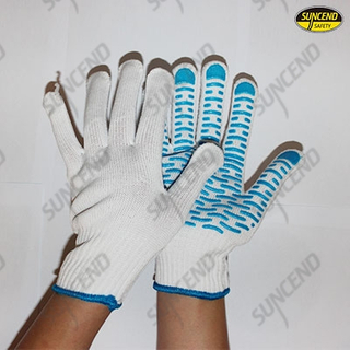 White polycotton knitted liner with pvc dotted on palm work gloves 