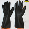 Black latex rubber chemical resistant industrial gloves with orange liner