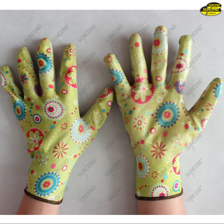 Colorful printing liner nitrile coated smooth gloves