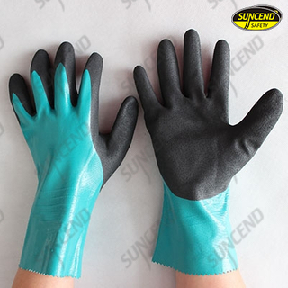 Green nitrile full dipped sandy palm work gloves gauntlet 