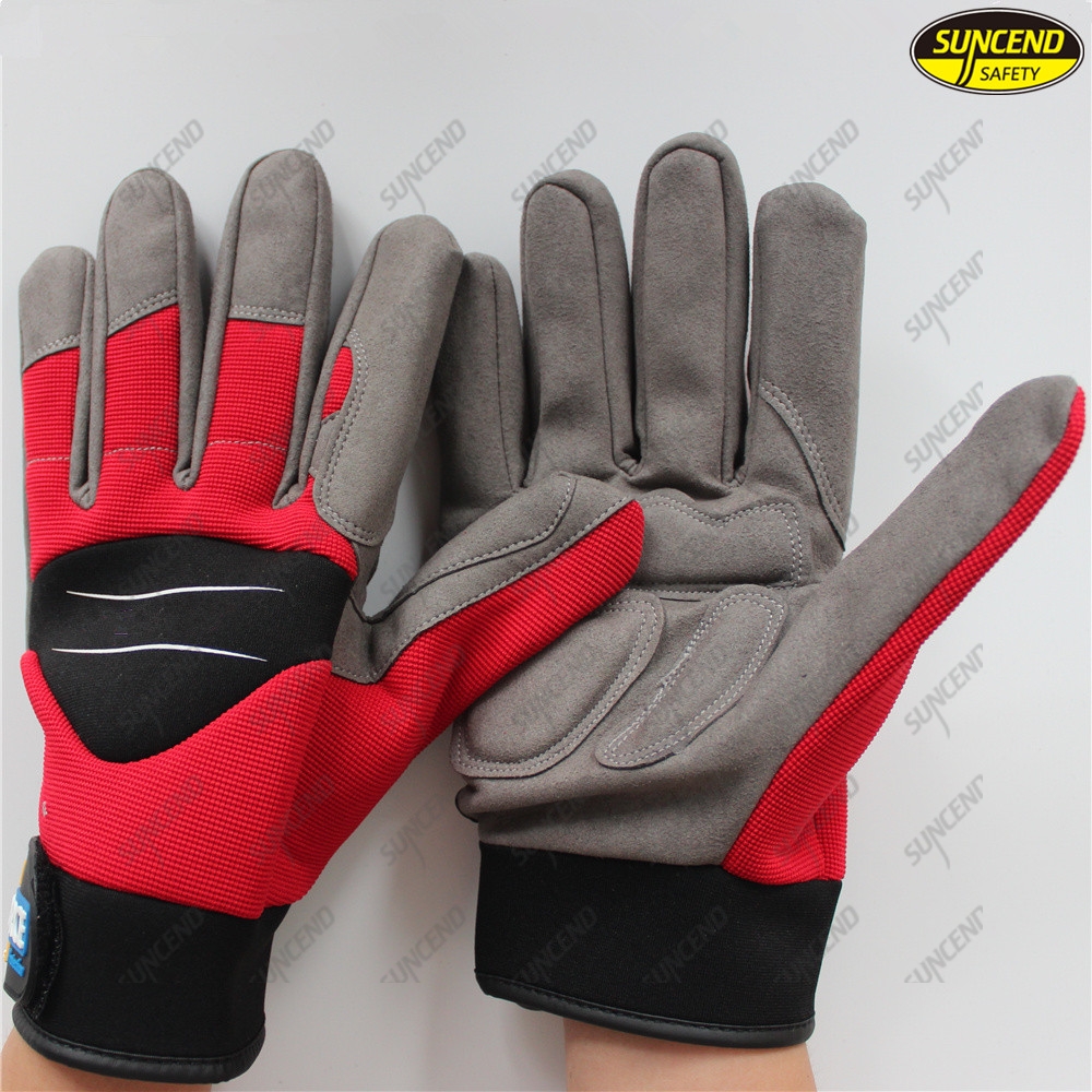 Polyester back synthetic leather palm hand protective safety mechanic gloves