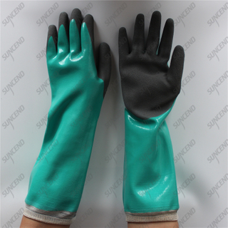 HPPE liner long cuff double coating black sandy nitrile gloves