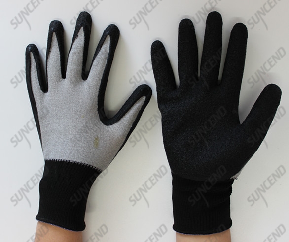 15g nylon+spandex Gray liner black latex crinkle finish safety glove